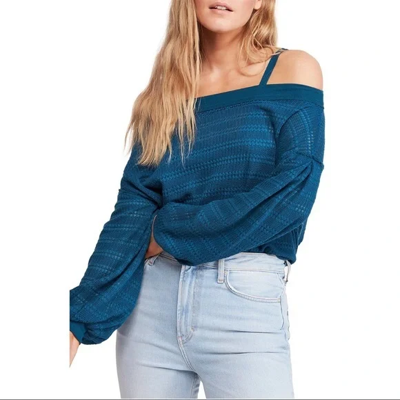 NWT Free People Sistine Cold Shoulders Hacci Sweater Top - Turquoise Size XS - Picture 4 of 10